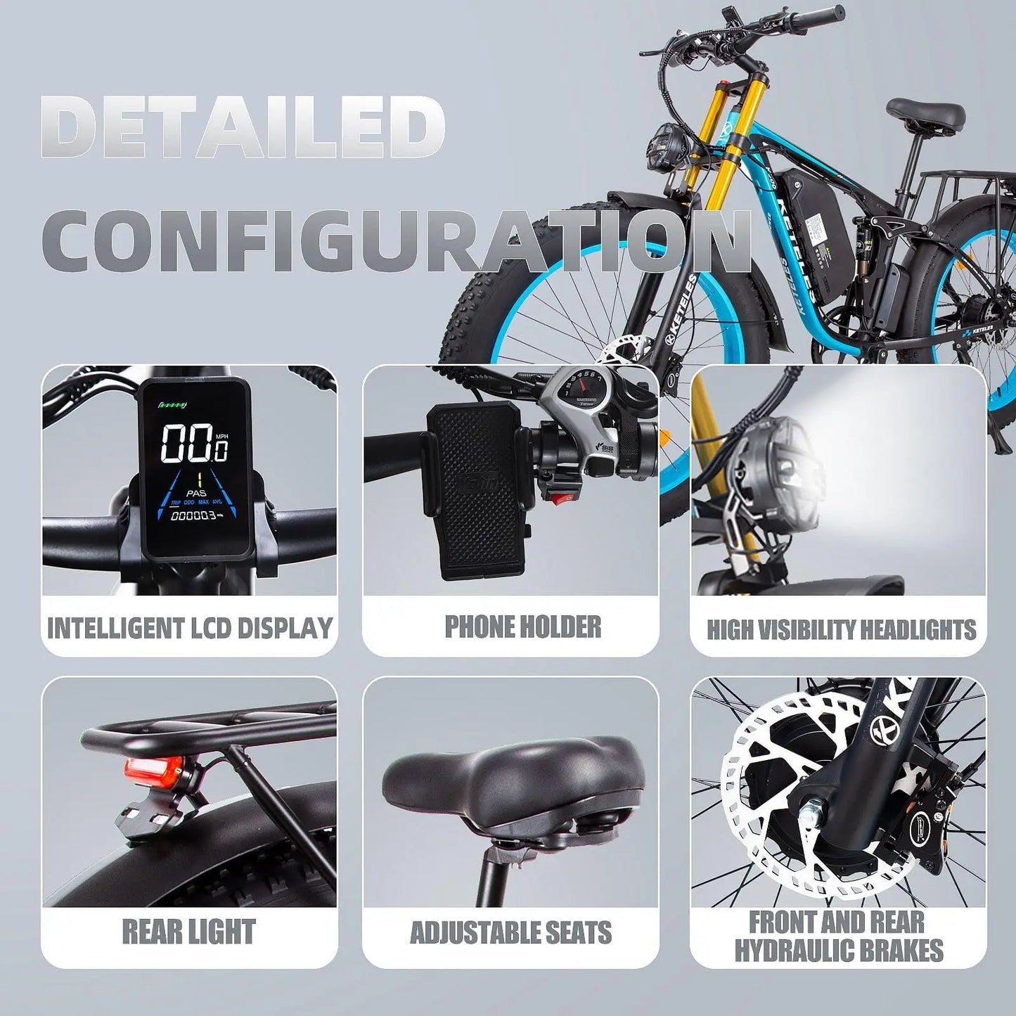 Keteles K800 Pro adult off-road electric bicycle, 2000W/1000W motors, 23AH/ 17.5Ah battery, 4.0'' fat tire full suspension ebike