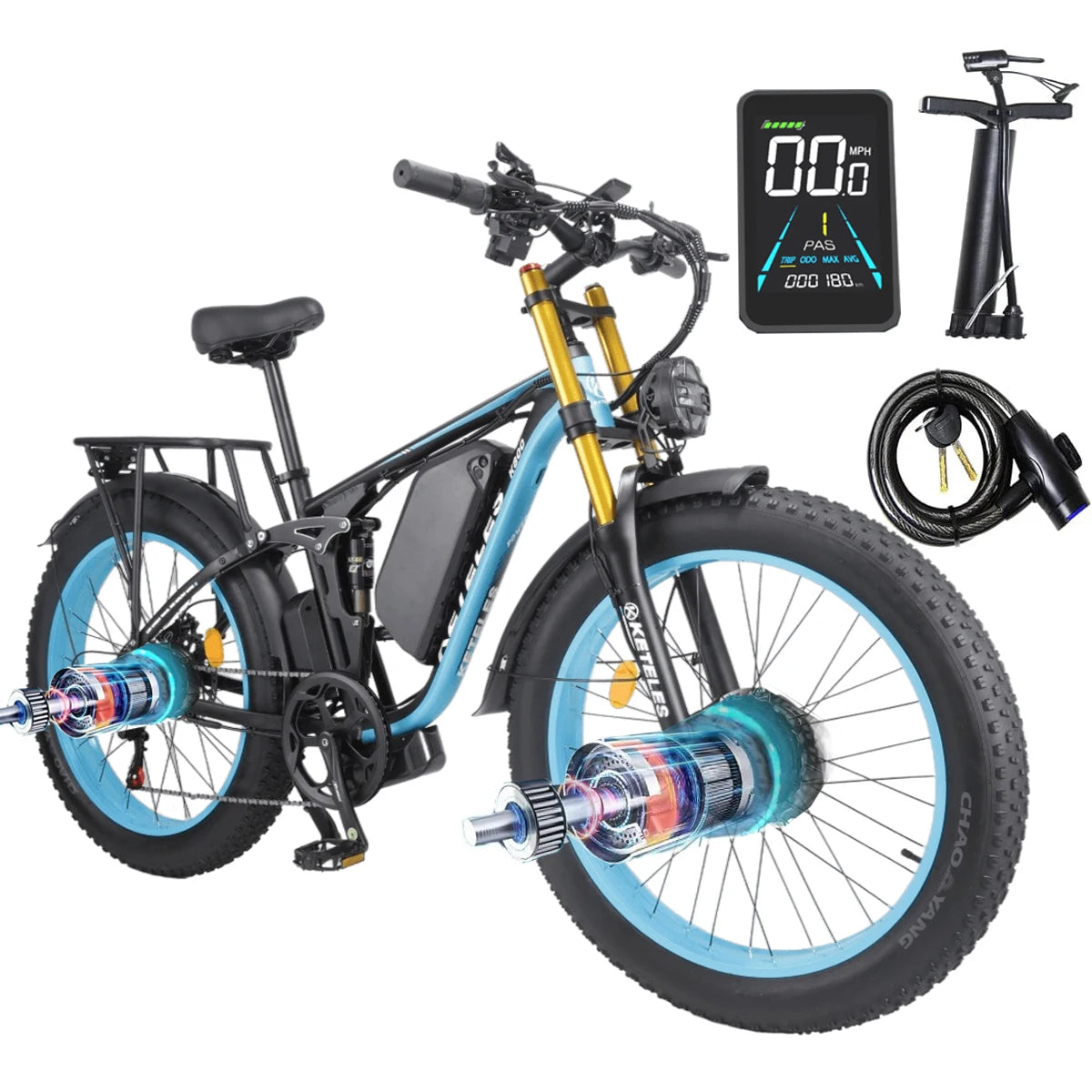 Keteles K800 Pro adult off-road electric bicycle, 2000W/1000W motors, 23AH/ 17.5Ah battery, 4.0'' fat tire full suspension ebike